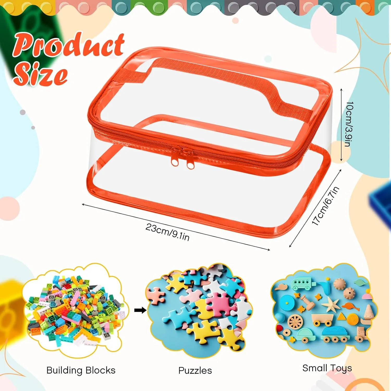 Nitial 6 Packs Clear Toy Storage Bags PVC Organizing Toys Bags with Zipper for Kids Building Blocks Board Games Christmas Valentines Birthday Gift(Bright Colors)