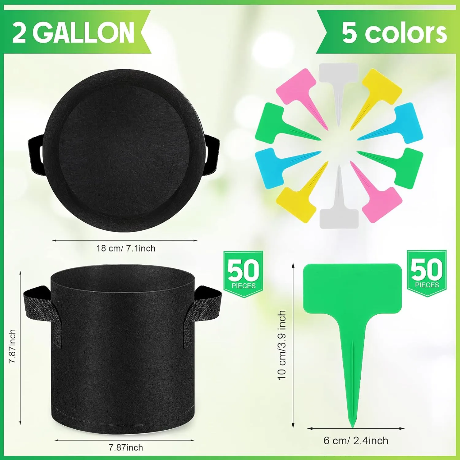 Nuanchu 50 Packs Grow Bags Small Aeration Fabric Pots Nonwoven Garden Bags Grow Pots Planter with 50 Pcs Plant Labels for Indoor Outdoor Plant Flower Planting Vegetable Growing (2 Gallon)