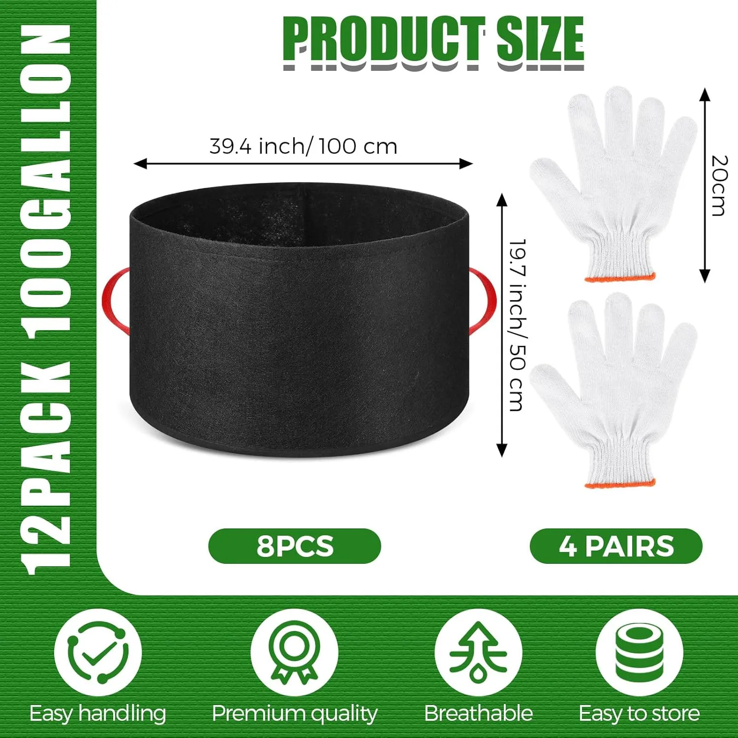 Nuenen 8 Pack Plant Grow Bags Bulk Breathable Nonwoven Fabric Pot with Handles Heavy Duty Nursery Vegetable Pots with Gloves for Garden Vegetables Potato Plants Flower Growing Planting(100 Gallon)