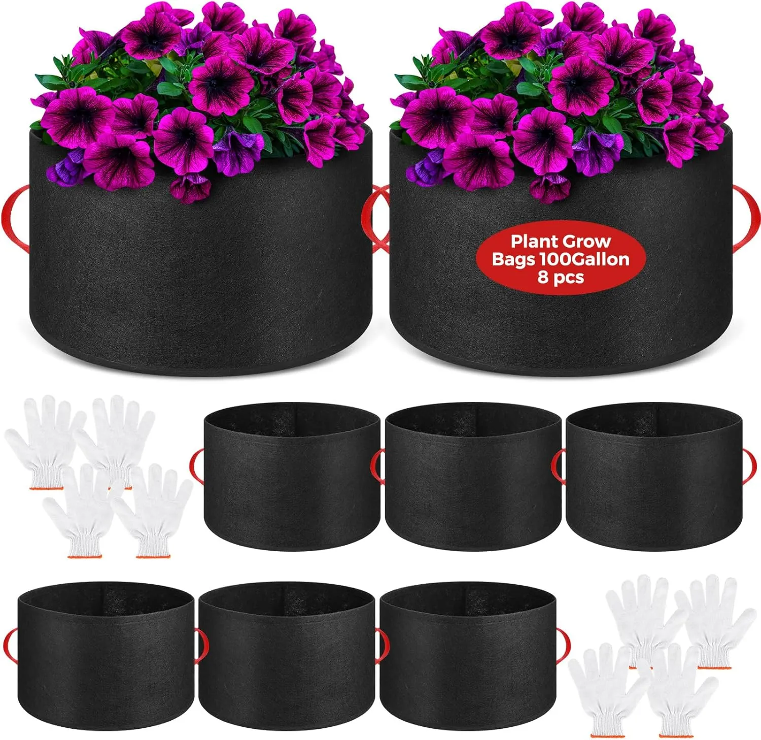 Nuenen 8 Pack Plant Grow Bags Bulk Breathable Nonwoven Fabric Pot with Handles Heavy Duty Nursery Vegetable Pots with Gloves for Garden Vegetables Potato Plants Flower Growing Planting(100 Gallon)