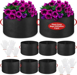 Nuenen 8 Pack Plant Grow Bags Bulk Breathable Nonwoven Fabric Pot with Handles Heavy Duty Nursery Vegetable Pots with Gloves for Garden Vegetables Potato Plants Flower Growing Planting(100 Gallon)
