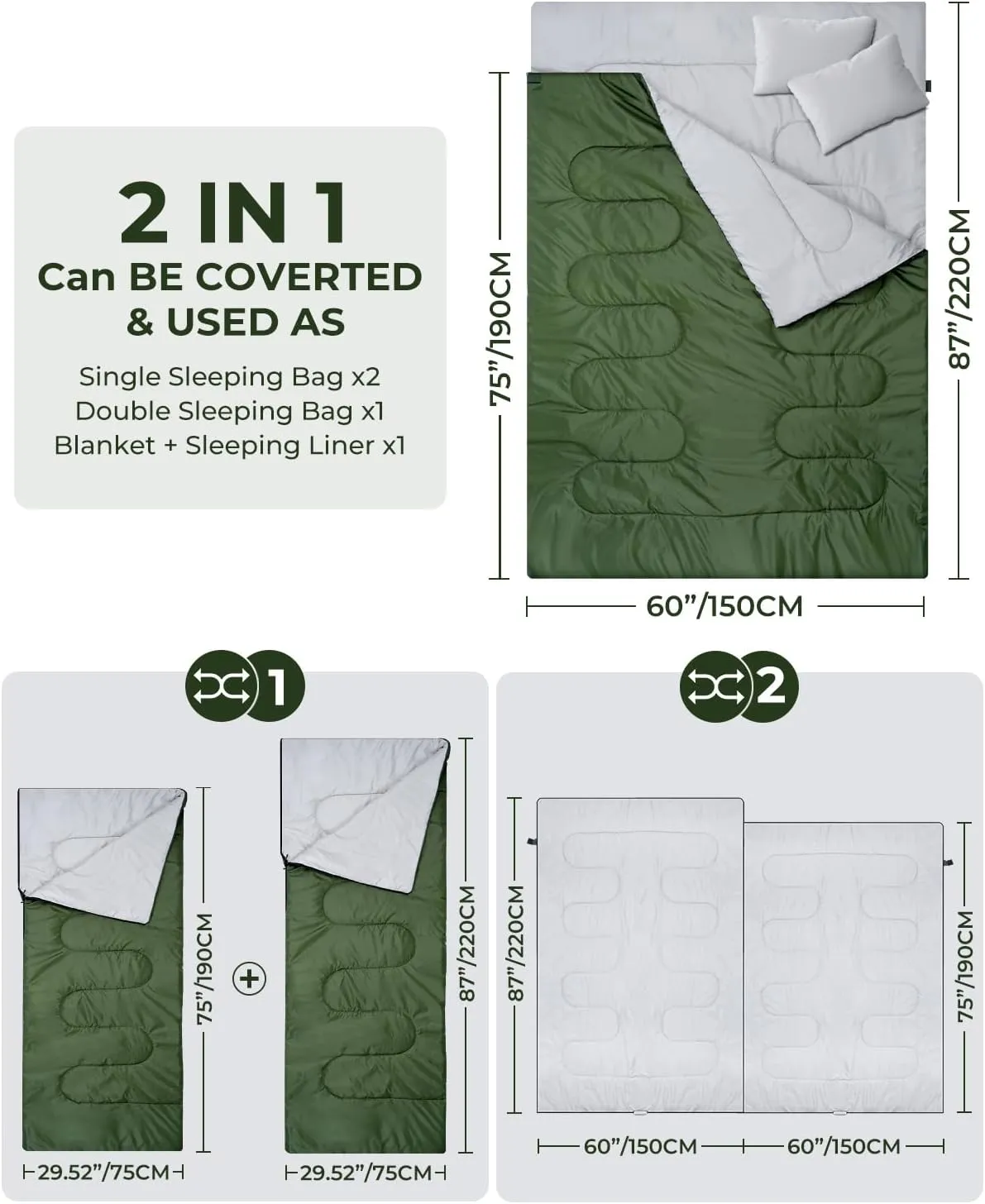 Ohuhu Double Sleeping Bag for Adults with 2 Pillows, Queen Size Two Person Sleeping Bag for Camping Hiking Backpacking 2 Person Sleeping Bags for Cold Weather & Warm