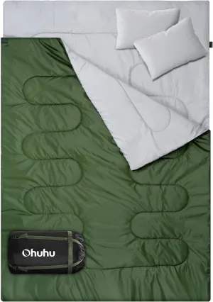 Ohuhu Double Sleeping Bag for Adults with 2 Pillows, Queen Size Two Person Sleeping Bag for Camping Hiking Backpacking 2 Person Sleeping Bags for Cold Weather & Warm