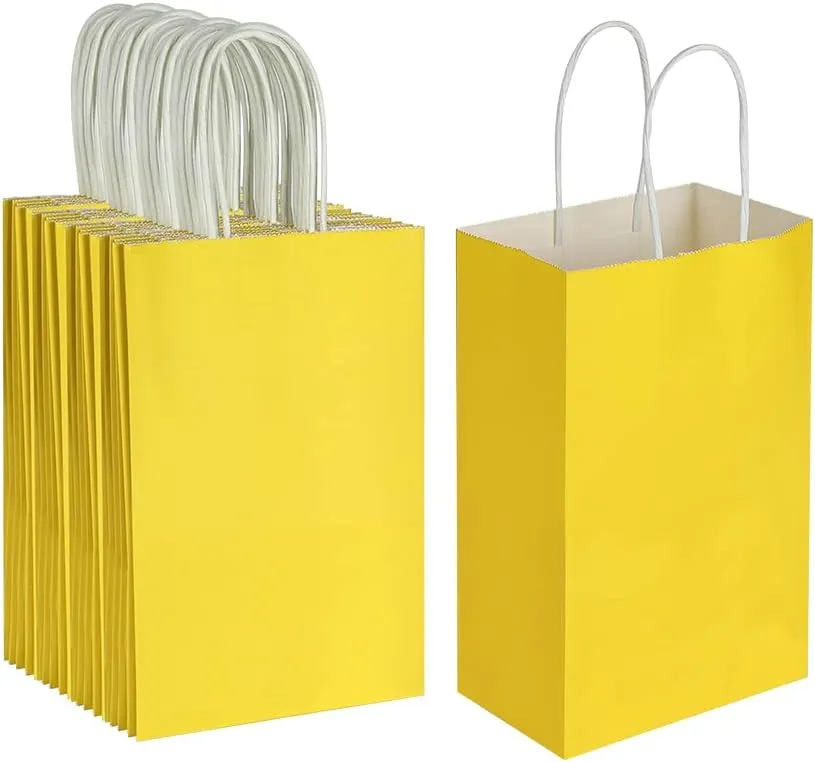 Oikss 50 Pack 5.25x3.25x8.25 Inch Small Yellow Kraft Paper Bags with Handles Bulk for Birthday Wedding Party Favors Grocery Retail Shopping Business Goody Craft Gift Bags Cub Sacks, 50 Count