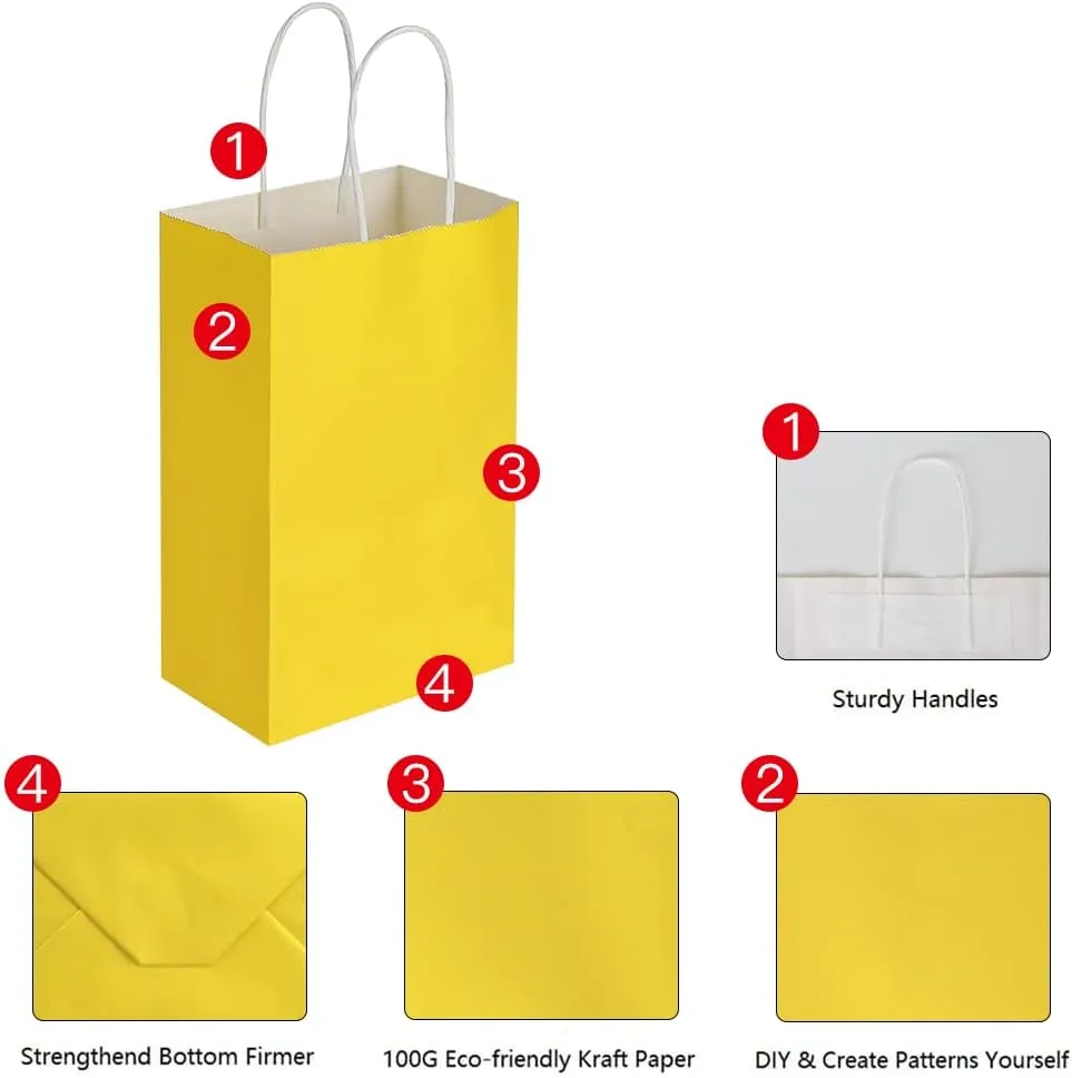 Oikss 50 Pack 5.25x3.25x8.25 Inch Small Yellow Kraft Paper Bags with Handles Bulk for Birthday Wedding Party Favors Grocery Retail Shopping Business Goody Craft Gift Bags Cub Sacks, 50 Count