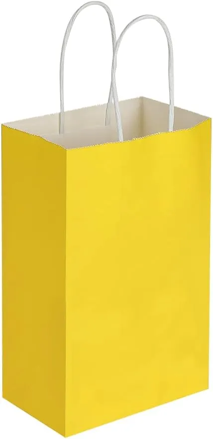 Oikss 50 Pack 5.25x3.25x8.25 Inch Small Yellow Kraft Paper Bags with Handles Bulk for Birthday Wedding Party Favors Grocery Retail Shopping Business Goody Craft Gift Bags Cub Sacks, 50 Count
