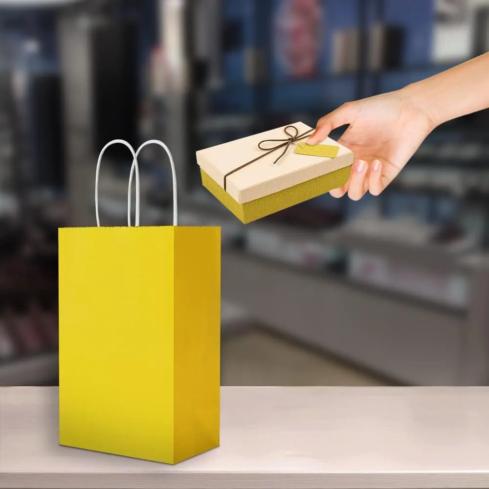 Oikss 50 Pack 5.25x3.25x8.25 Inch Small Yellow Kraft Paper Bags with Handles Bulk for Birthday Wedding Party Favors Grocery Retail Shopping Business Goody Craft Gift Bags Cub Sacks, 50 Count