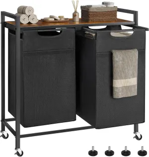 OLIXIS Laundry Hamper, Laundry Sorter with Shelf, Clothes Basket Organizer with 2 Pull-Out and Removable Bags, Movable Wheels for Laundry Room Bathroom Bedroom, 2 × 11.2 Gal (85L), Metal Frame, Black