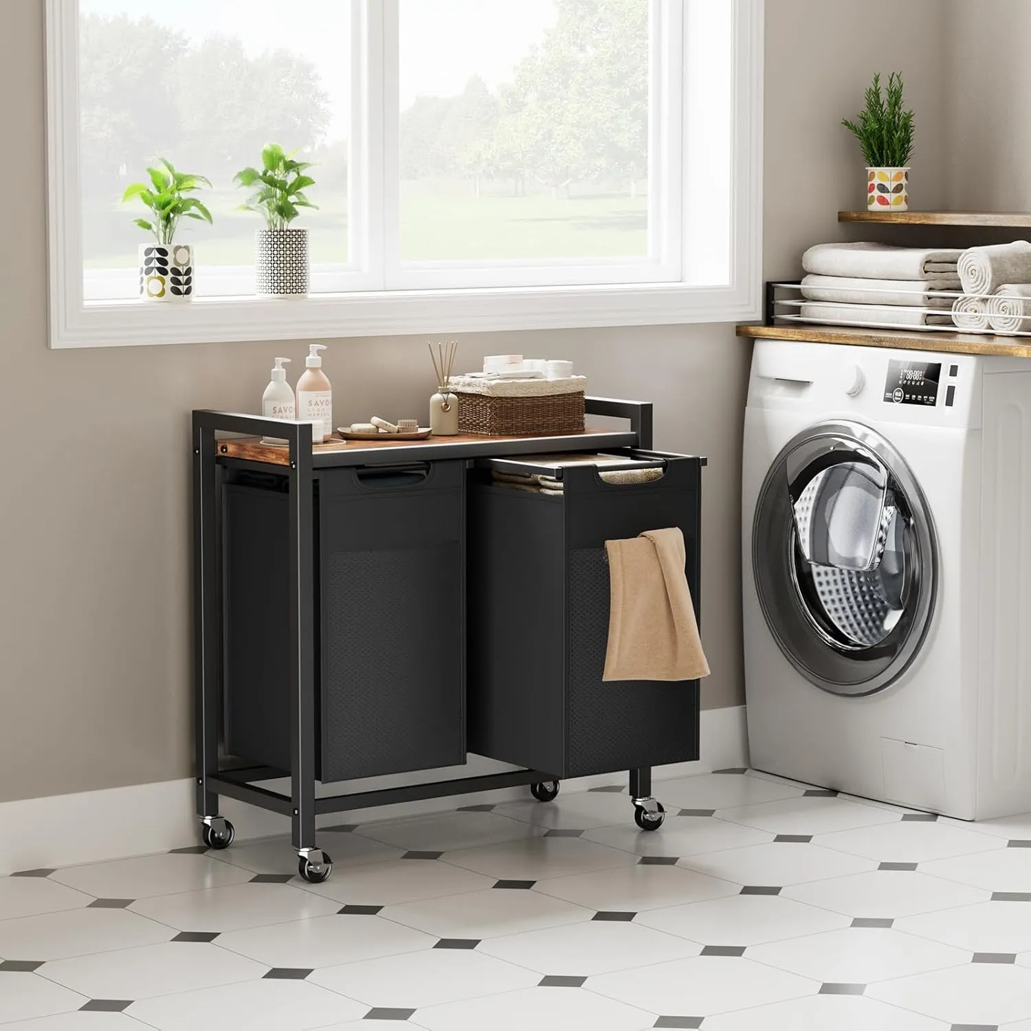 OLIXIS Laundry Hamper, Laundry Sorter with Shelf, Clothes Basket Organizer with 2 Pull-Out and Removable Bags, Movable Wheels for Laundry Room Bathroom Bedroom, 2 × 11.2 Gal (85L), Metal Frame, Black