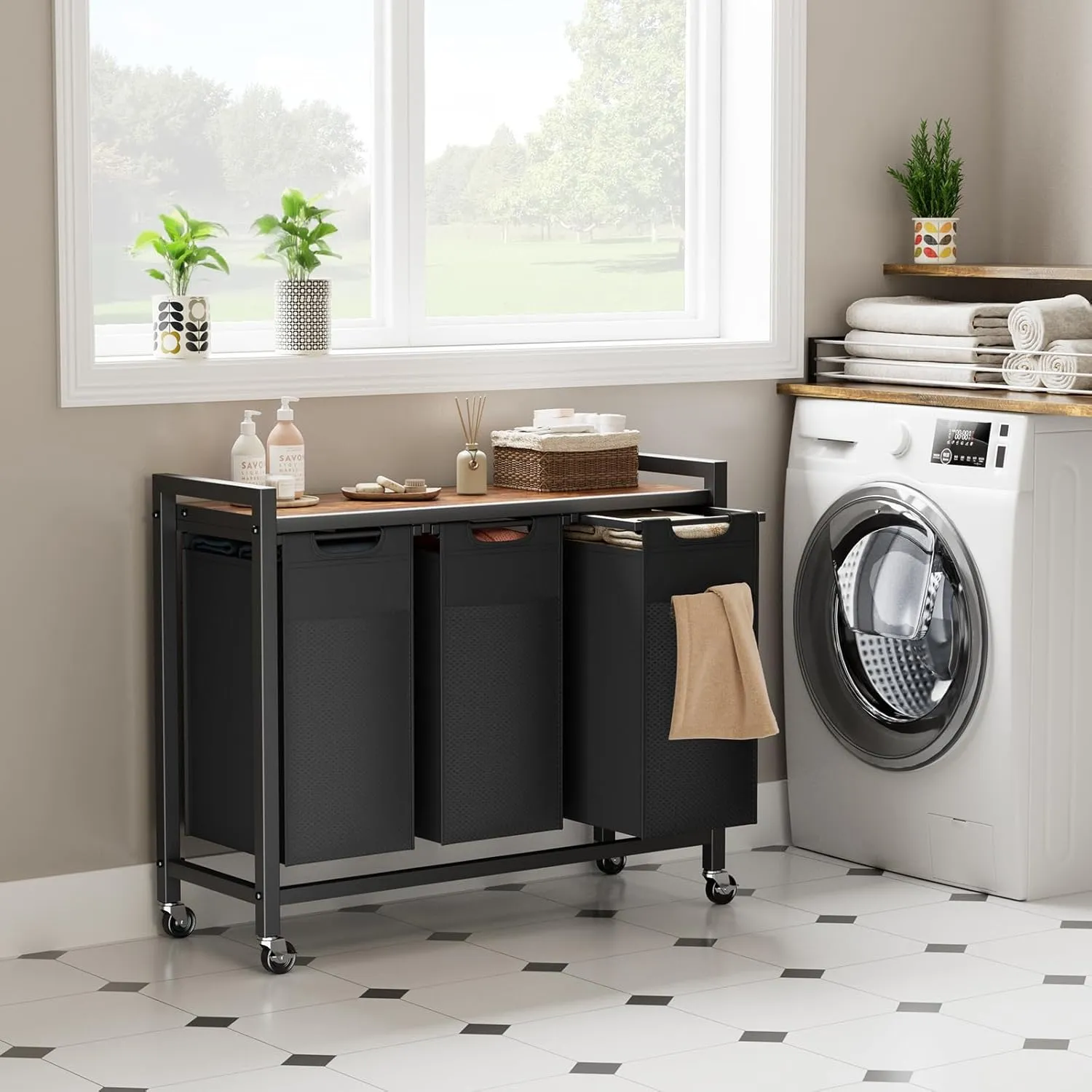 OLIXIS Laundry Hamper, Laundry Sorter with Shelf, Clothes Basket Organizer with 3 Pull-Out and Removable Bags, Movable Wheels for Laundry Room Bathroom Bedroom, 3 × 8.6 Gal (97.5L), Metal Frame, Black