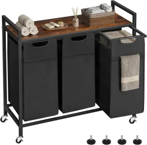 OLIXIS Laundry Hamper, Laundry Sorter with Shelf, Clothes Basket Organizer with 3 Pull-Out and Removable Bags, Movable Wheels for Laundry Room Bathroom Bedroom, 3 × 8.6 Gal (97.5L), Metal Frame, Black