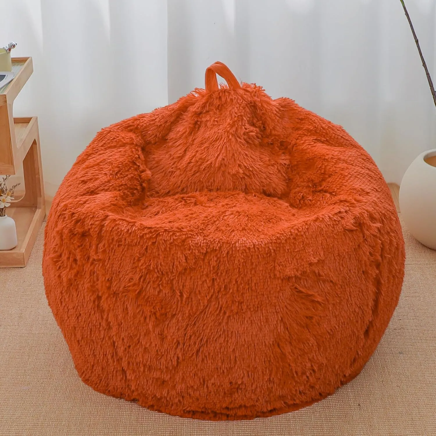 Orange bean bag chair covers (No Filler),comfy Plush fluffy bean bag chair Cover for bedroom，stuffed animal Storage bean bag chair covers, kids teens girls bean bag chairs,Anti-Slip , Burnt Orange