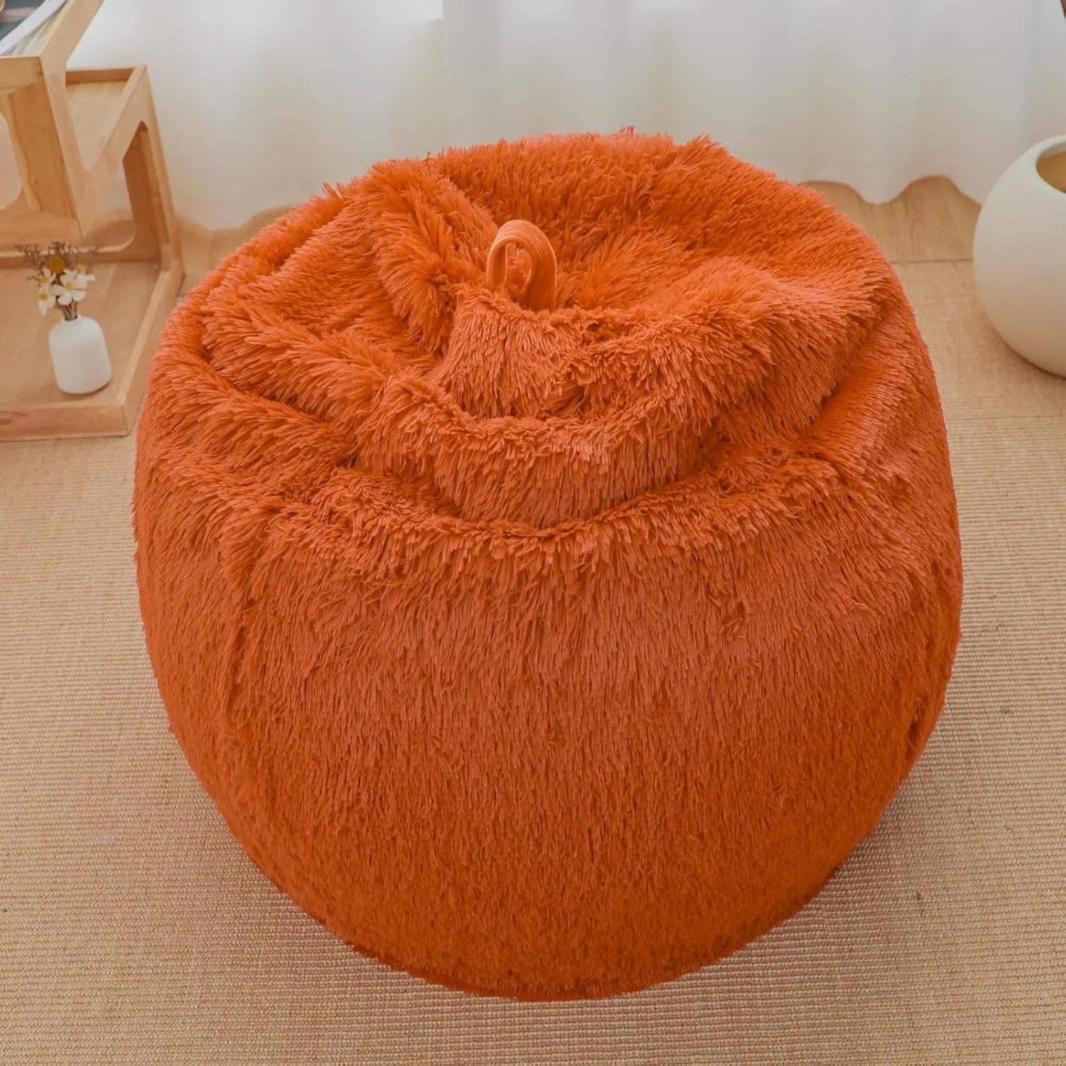 Orange bean bag chair covers (No Filler),comfy Plush fluffy bean bag chair Cover for bedroom，stuffed animal Storage bean bag chair covers, kids teens girls bean bag chairs,Anti-Slip , Burnt Orange