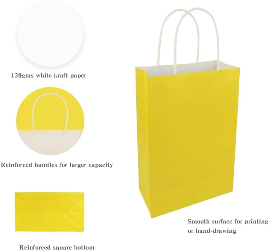 Ottin Yellow Party Kraft Paper Bags with Handle 30 Pack Bulk Paper Wrapped Treat Goodie Gift Bags for Kid's Birthday Craft Grocery Shopping Retail Wedding Gift Sacks Takeout Party Favor Bags