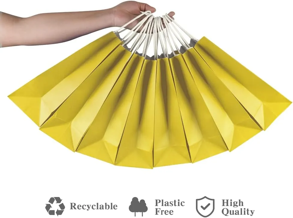 Ottin Yellow Party Kraft Paper Bags with Handle 30 Pack Bulk Paper Wrapped Treat Goodie Gift Bags for Kid's Birthday Craft Grocery Shopping Retail Wedding Gift Sacks Takeout Party Favor Bags