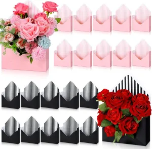 Outus 20 Pcs Mother's Day Floral Envelope Boxes Empty Paper Flower Bouquet Envelop Paper Boxes Pink Black Stripe Florist Flower Bags for Arrangements Gift Packaging Birthday Wedding Party