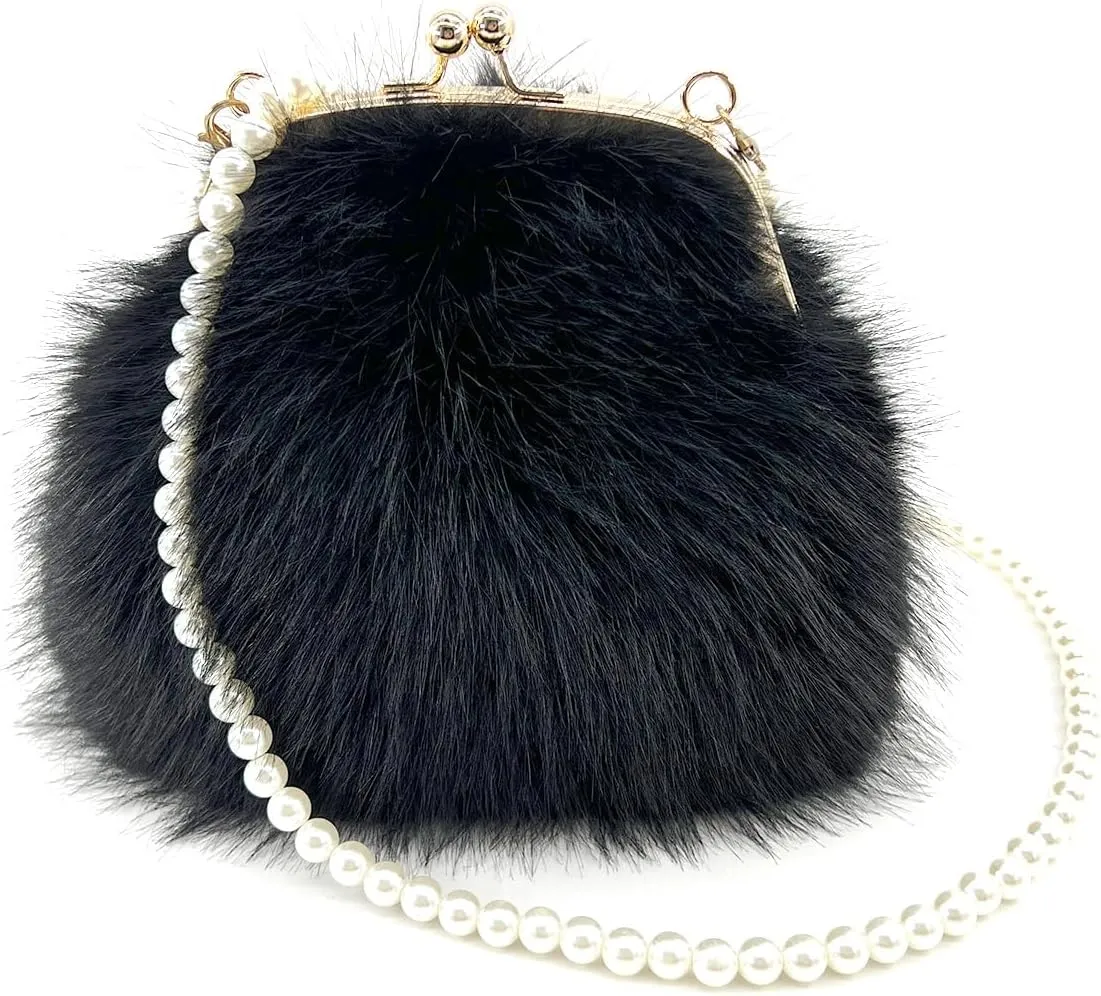 Pearl Chain StrapFaux Fur Evening Handbags Fuzzy Satchel Style Purse Fashion Clutch Handbag Shoulder Vintage Bags for Women