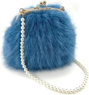 Pearl Chain StrapFaux Fur Evening Handbags Fuzzy Satchel Style Purse Fashion Clutch Handbag Shoulder Vintage Bags for Women