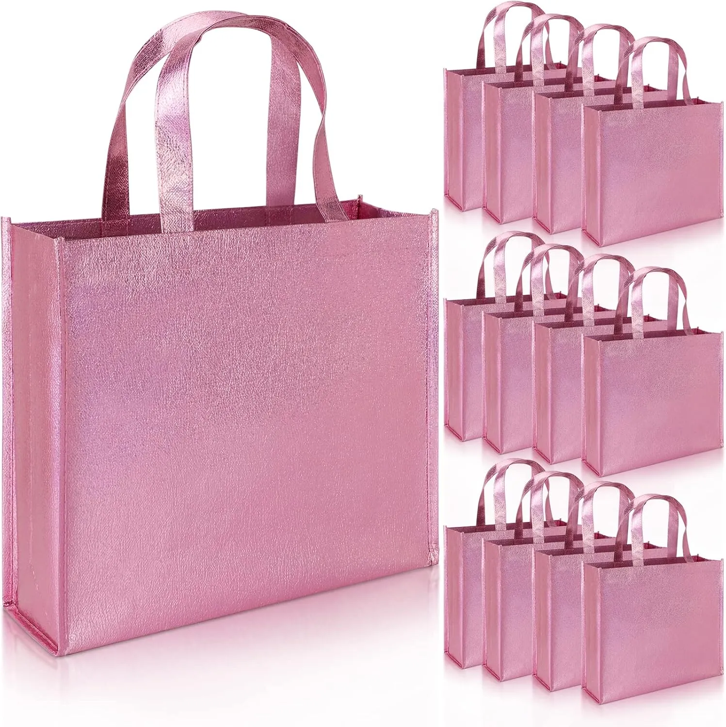 PHOGARY 12 Large Gift Bags with Handles (Pink), Stylish Party Bags for Birthday Bachelorette Wedding Party Favor Bridal Shower Wrap, Reusable Goodie Bags, non-woven fabric
