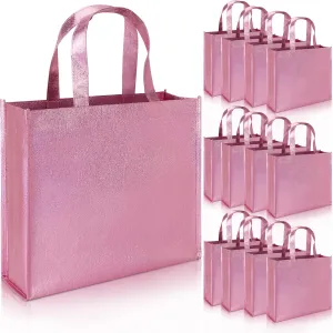 PHOGARY 12 Large Gift Bags with Handles (Pink), Stylish Party Bags for Birthday Bachelorette Wedding Party Favor Bridal Shower Wrap, Reusable Goodie Bags, non-woven fabric