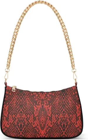 Pink Snake Skin Shoulder Bag for Women Fabric Crescent Handbag with Zipper Chain Clutch Purses