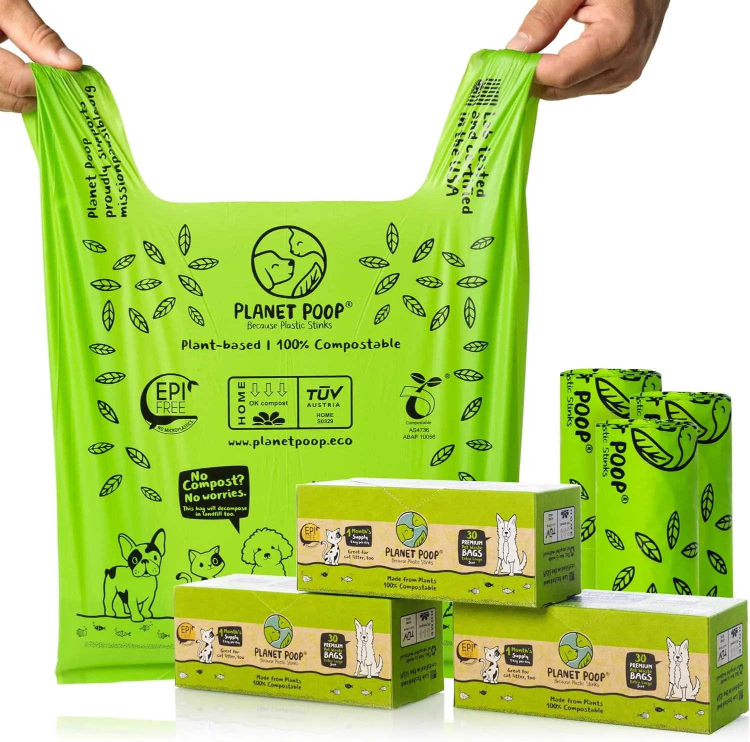 PLANET POOP Home Compostable Dog Bags 90, XL Sized Cat Litter Box Clean-up Doggy Waste Bag with Handles, Pooper Scooper Swivel Bin for Dogs Extra-Large Grocery Size Pet Supplies