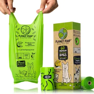 PLANET POOP Home Compostable Dog Poop Bags Extra-Long with Handles 60 Un-Scented Pet Waste Bags Plastic Free, Thick Leakproof Plant-Based Doggy Bag, Cats & Dogs Pet Supplies
