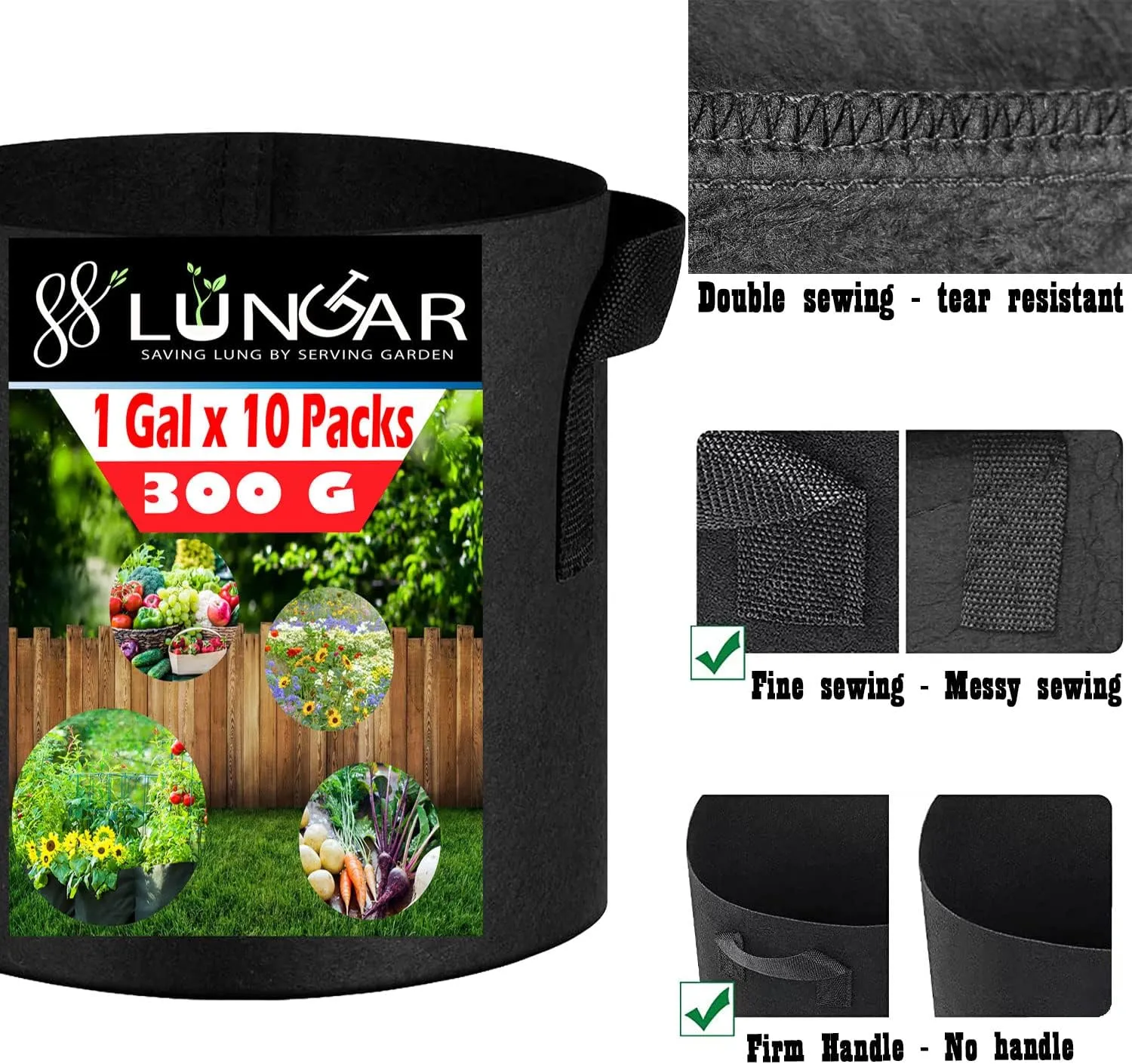 Plant Grow Bags - 15 Gallon 5 Packs Planter Pot, Thickest Aeration 300G Non-Woven Fabric, Reinforced Handles for Weatherproof Nursery Pot, Enhanced Double Seam