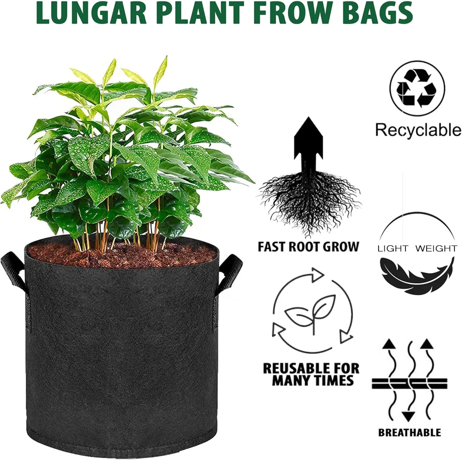 Plant Grow Bags - 15 Gallon 5 Packs Planter Pot, Thickest Aeration 300G Non-Woven Fabric, Reinforced Handles for Weatherproof Nursery Pot, Enhanced Double Seam