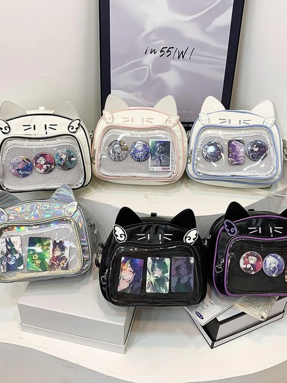 Pokn Cute Cat Ita Bag Pin Display Backpack Y2K Bag Y2k Aesthetic Single Shoulder Crossbody Anime Purse
