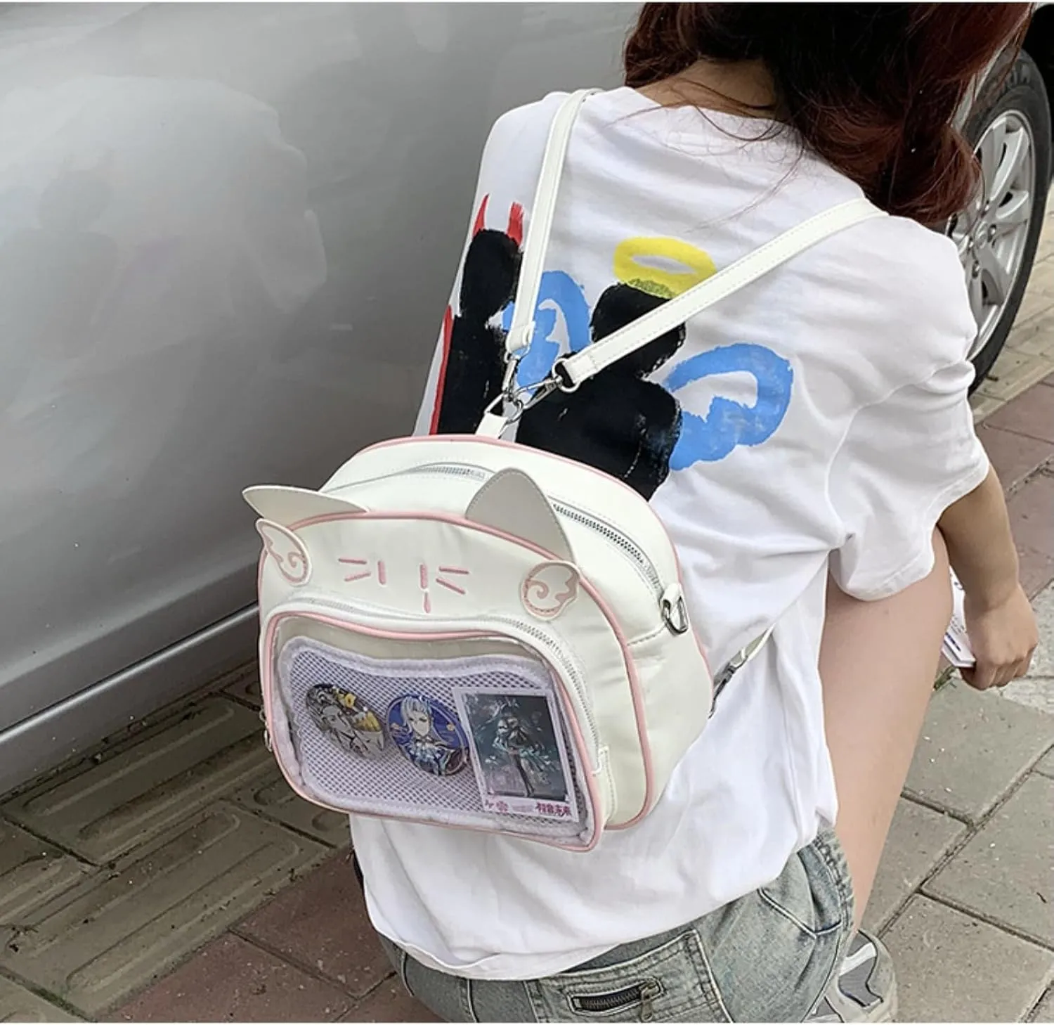 Pokn Cute Cat Ita Bag Pin Display Backpack Y2K Bag Y2k Aesthetic Single Shoulder Crossbody Anime Purse