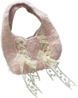 Pokn Fuzzy Tote Bag Fluffy Shoulder Bags Cute Lace Handmade Purse Y2K Butterfly Shoujo Totebags
