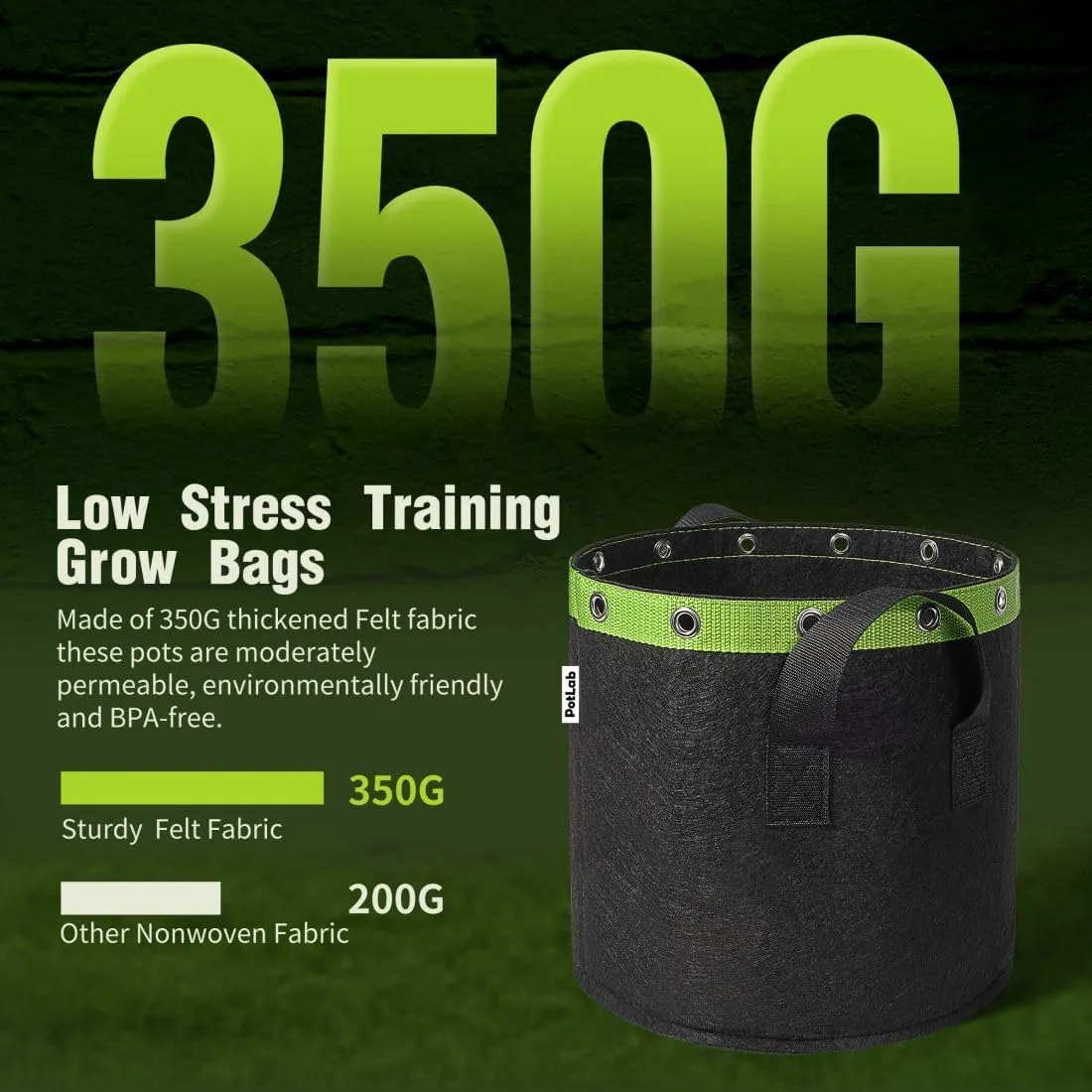 POTLAB® 10 Gallon Low Stress Training Grow Bags (5-Pack),Fabric Grow Bags,Fabric Pots,Planter Bags with Handles,Garden Bags to Grow Vegetables