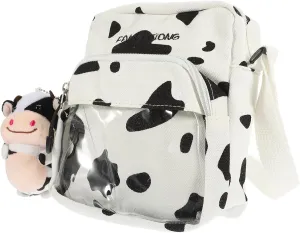 PRETYZOOM Cow Print Crossbody Bags with Fluffy Cow Keychain Small Shoulder Bag Women Backpack Purse with Adjustable Starp for Women Girl