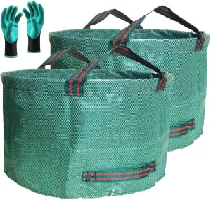 Professional 2-Pack 63 Gallons Lawn Garden Bags Yard Waste Bag (D31, H19 inches) with Gardening Gloves,Standable,Reusable Leaf Grass Bag,Garden Trash Containers,Lawn Yard Waste Bags with 4 Handles