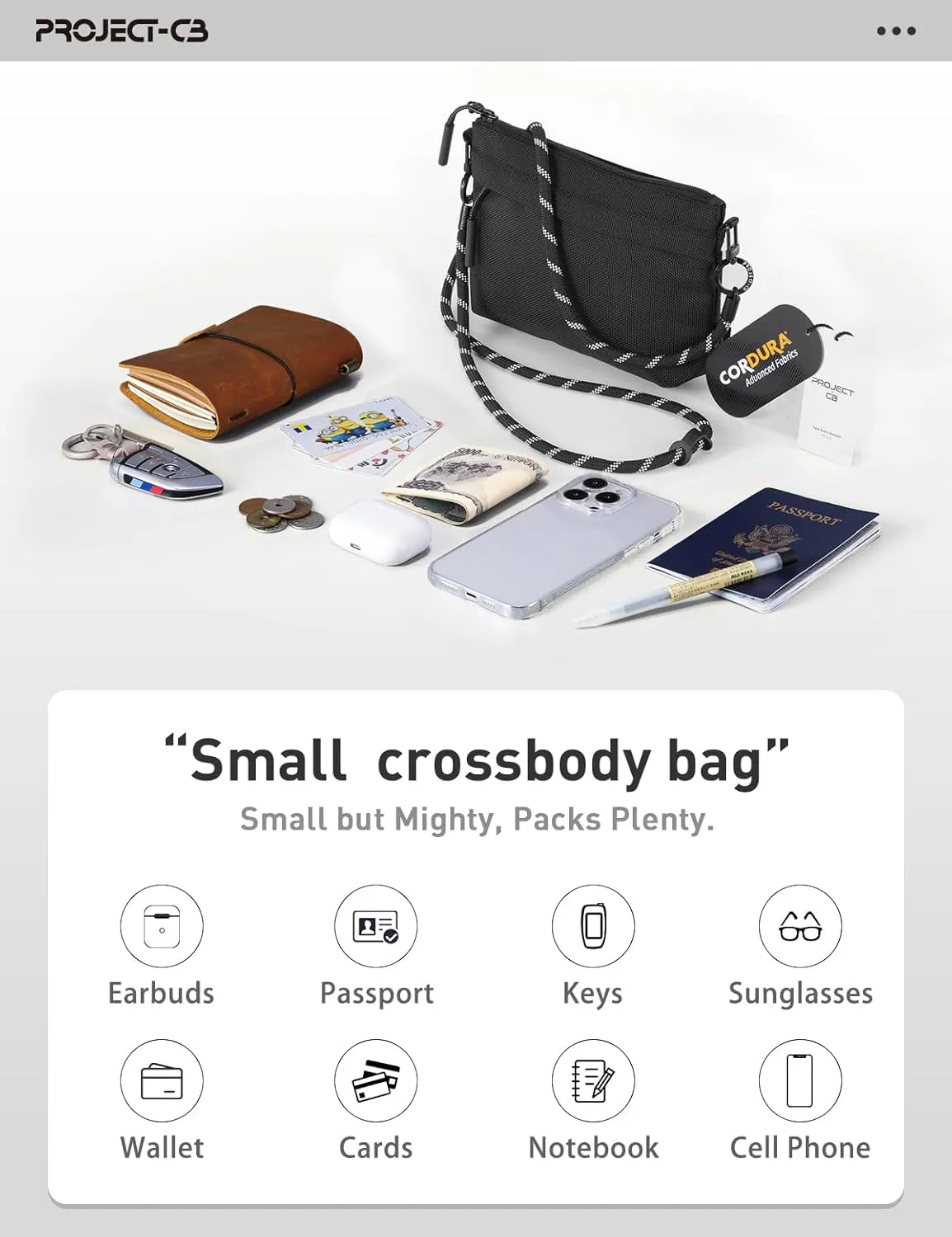 project-cb Crossbody Bag, Cordura Fabric Waterproof Travel Purse, Phone Bag, Small Crossbody Bags for Women & Men