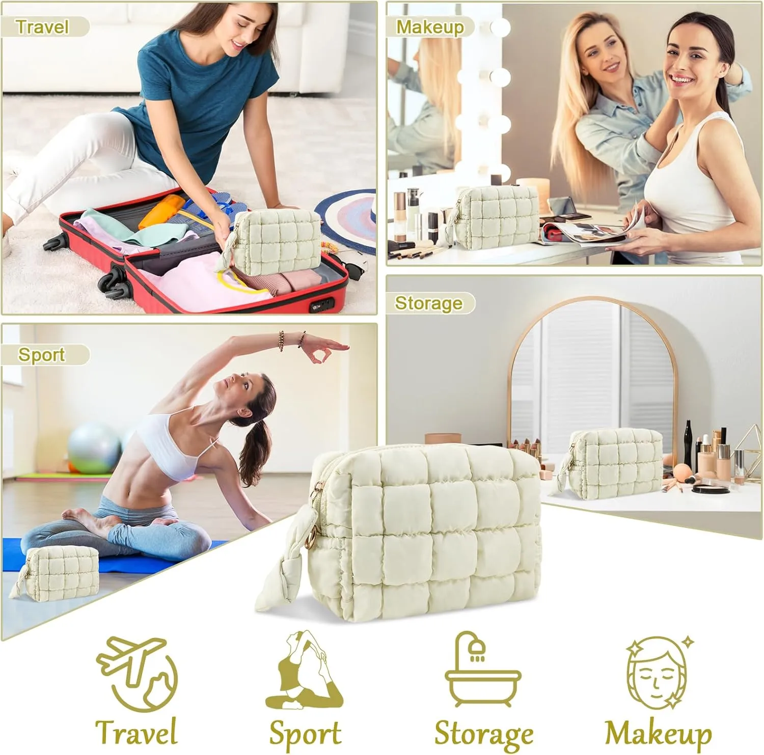 Puffer Quilted Makeup Bag Cosmetic Bags,Puffy Travel Toiletry Pouch for Women,Cute Checkered Zipper Bag Travel Essential,Portable Aesthetic Make up Organizer Bag for Gifts Work Daily(Beige,S)