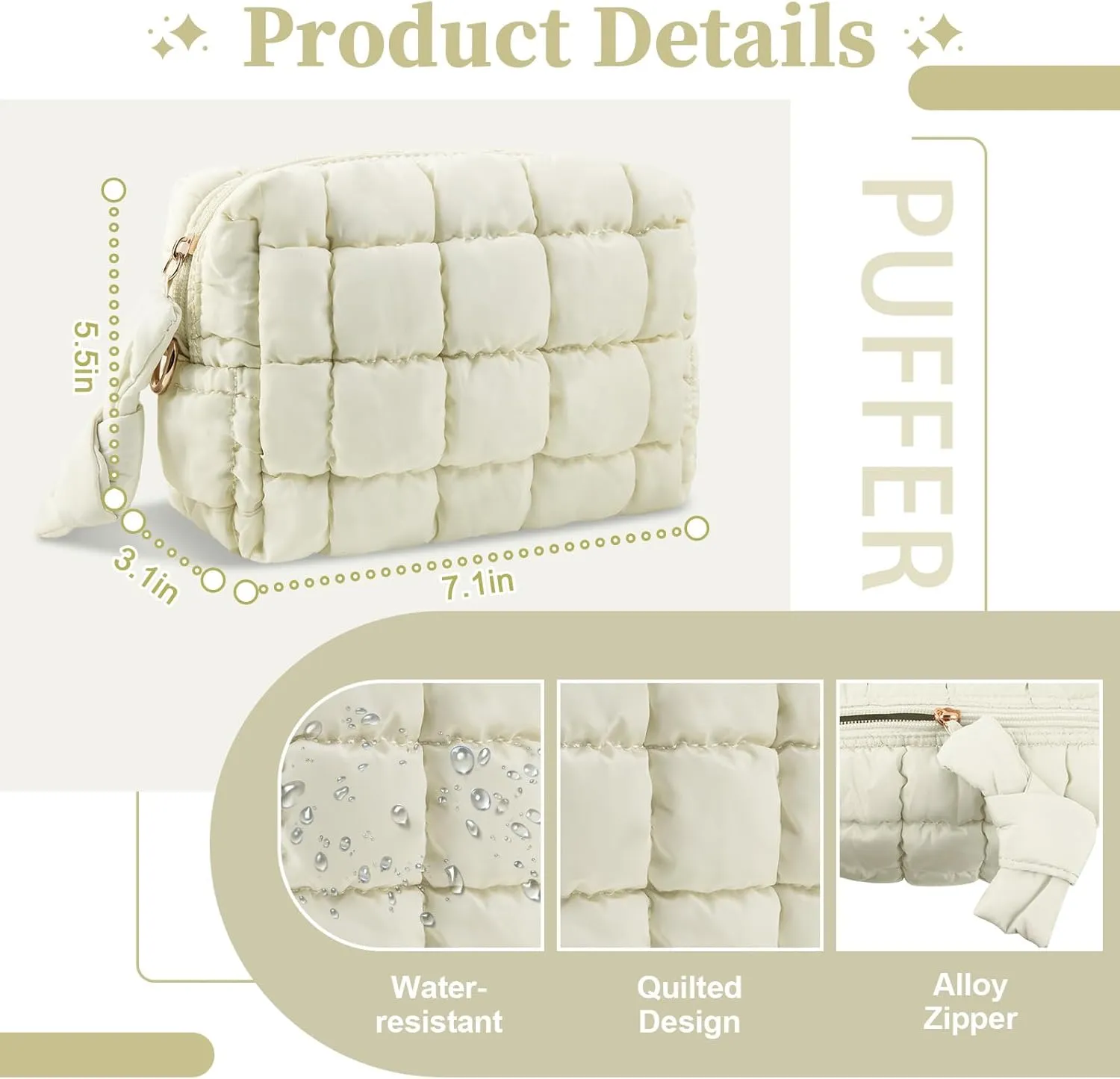 Puffer Quilted Makeup Bag Cosmetic Bags,Puffy Travel Toiletry Pouch for Women,Cute Checkered Zipper Bag Travel Essential,Portable Aesthetic Make up Organizer Bag for Gifts Work Daily(Beige,S)