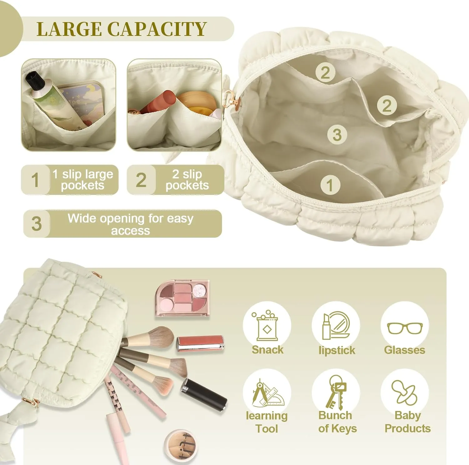 Puffer Quilted Makeup Bag Cosmetic Bags,Puffy Travel Toiletry Pouch for Women,Cute Checkered Zipper Bag Travel Essential,Portable Aesthetic Make up Organizer Bag for Gifts Work Daily(Beige,S)
