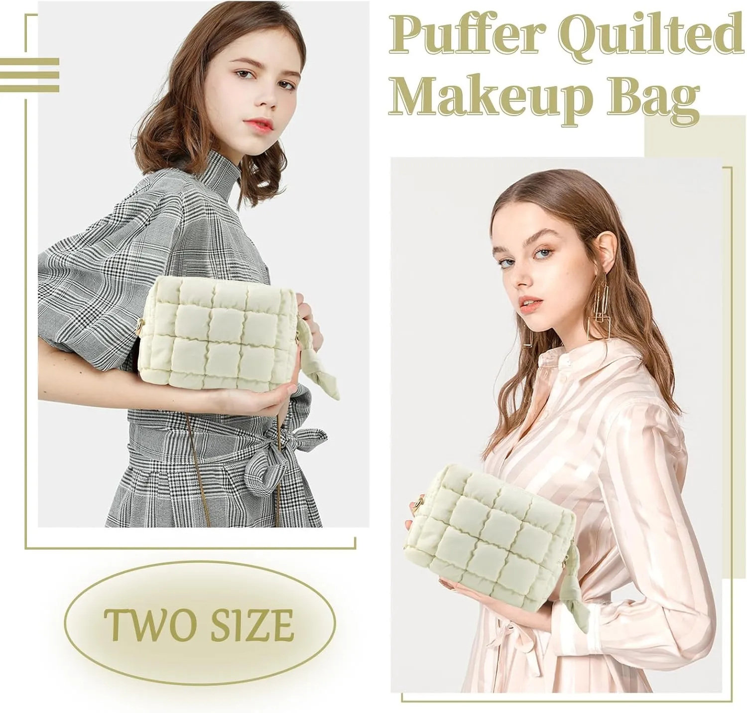 Puffer Quilted Makeup Bag Cosmetic Bags,Puffy Travel Toiletry Pouch for Women,Cute Checkered Zipper Bag Travel Essential,Portable Aesthetic Make up Organizer Bag for Gifts Work Daily(Beige,S)
