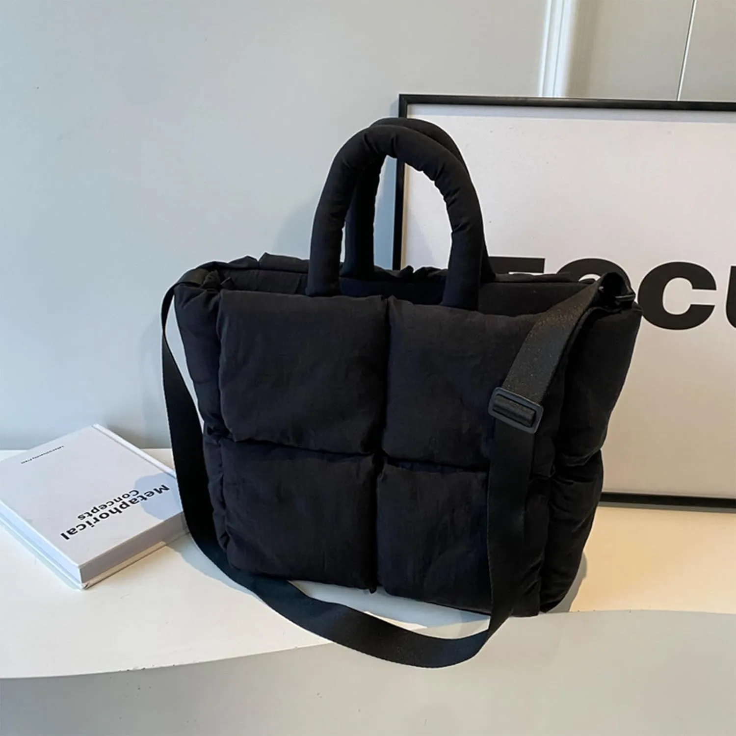 Puffer Tote Bag, Puffy Purse Crossbody Puffer Bags for Women Lightweight Down Cotton Padded Quilted Tote Bag
