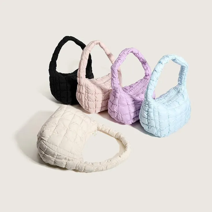 Puffer Underarm Handbag For Women, Small Cute Designer Hobo Bag, Quilted Padding Bags, Soft Nylon Puffy Purse