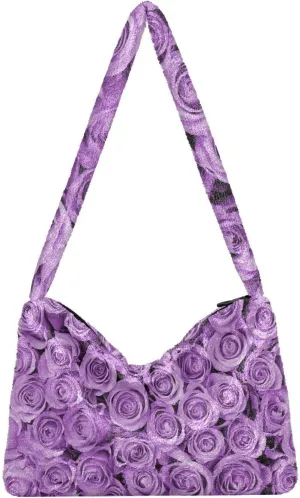Purple Rose Flowers Fluffy Crossbody Bag Furry Tote Bags for Women Fuzzy Purse Handbag Lady Shoulder Bag Large Plush Bag with Zipper Closure