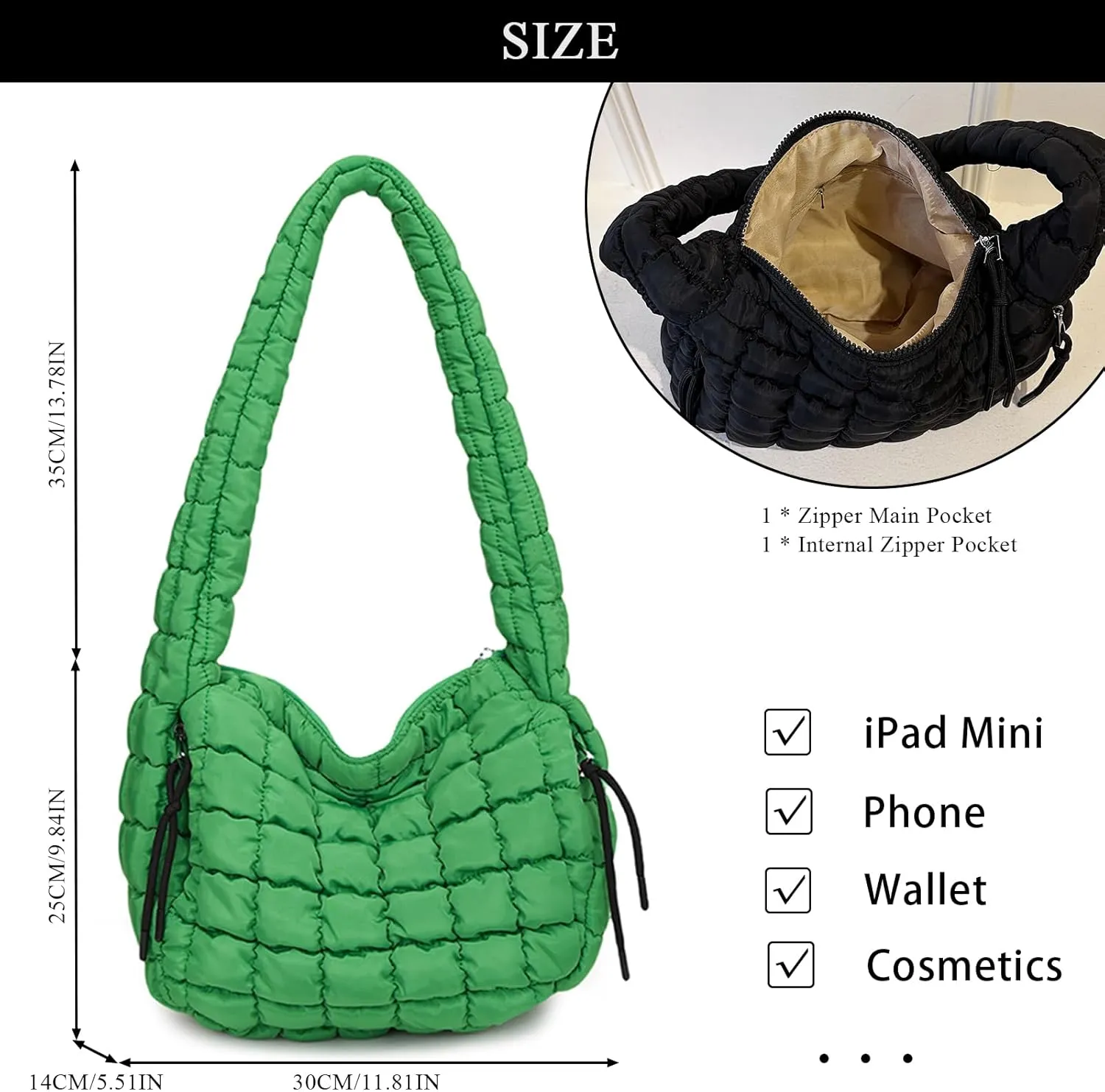 Quilted Tote Bag - Small Lightweight Puffer Hobo Bag for Women