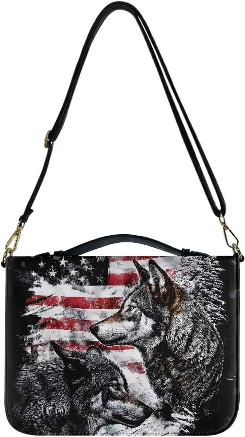 Rchsmod Wolf American Flag Print Bible Cover for Men Women Leather Bible Bag Large Bible Case with Sturdy Handle and Shoulder Strap Lightweight Bible Protective Carrier Portable Journal Case, XL