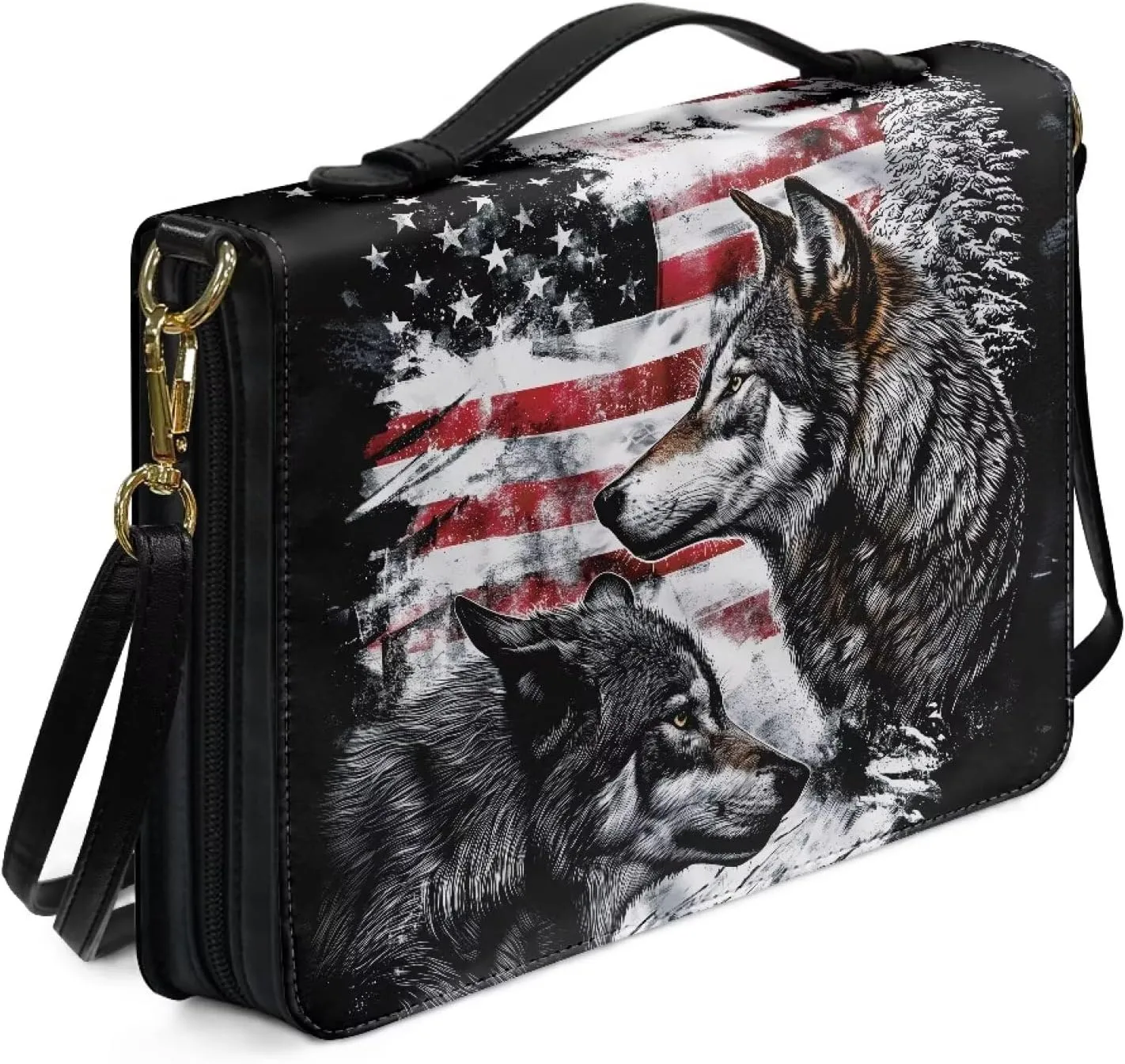 Rchsmod Wolf American Flag Print Bible Cover for Men Women Leather Bible Bag Large Bible Case with Sturdy Handle and Shoulder Strap Lightweight Bible Protective Carrier Portable Journal Case, XL