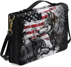 Rchsmod Wolf American Flag Print Bible Cover for Men Women Leather Bible Bag Large Bible Case with Sturdy Handle and Shoulder Strap Lightweight Bible Protective Carrier Portable Journal Case, XL