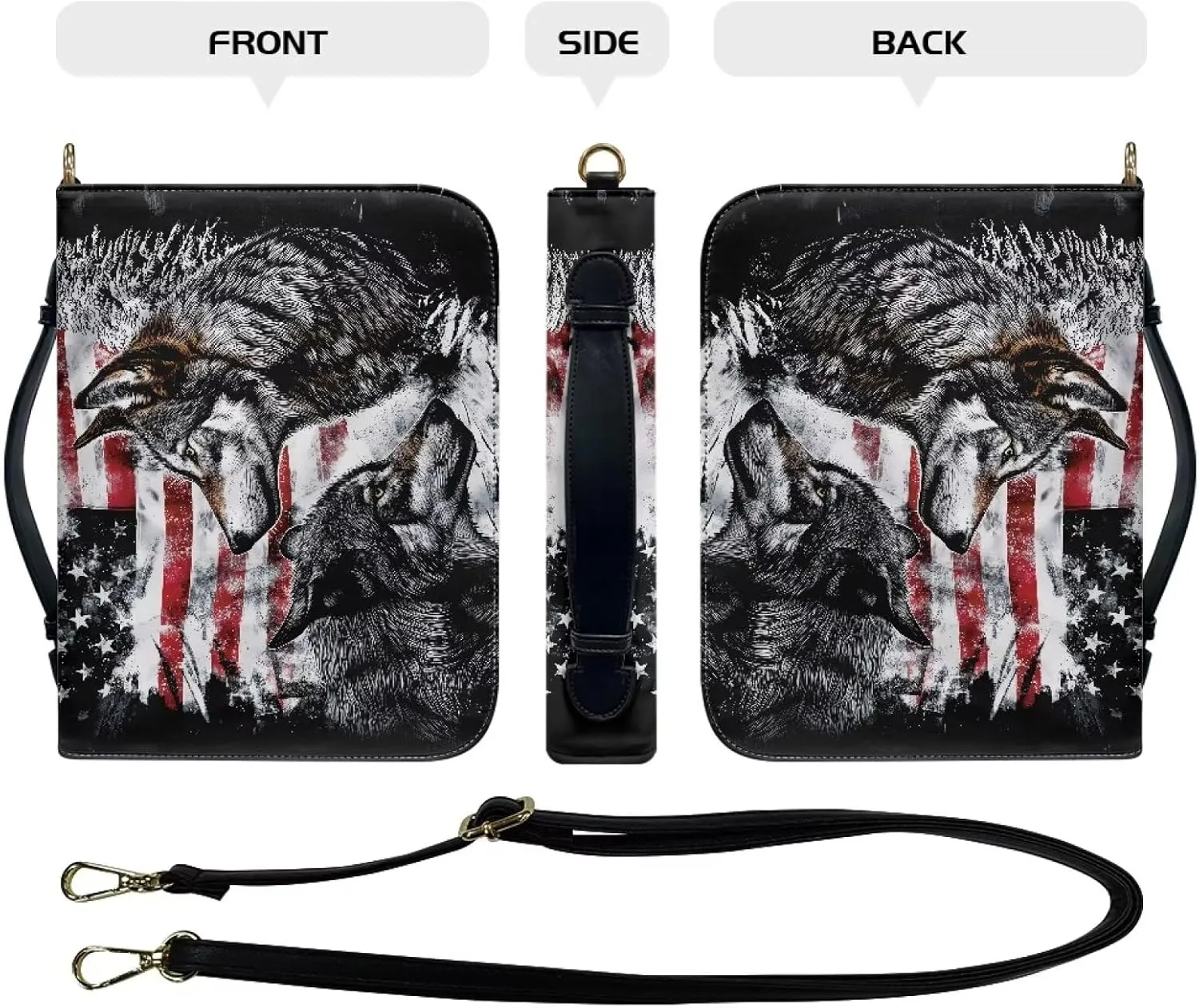 Rchsmod Wolf American Flag Print Bible Cover for Men Women Leather Bible Bag Large Bible Case with Sturdy Handle and Shoulder Strap Lightweight Bible Protective Carrier Portable Journal Case, XL