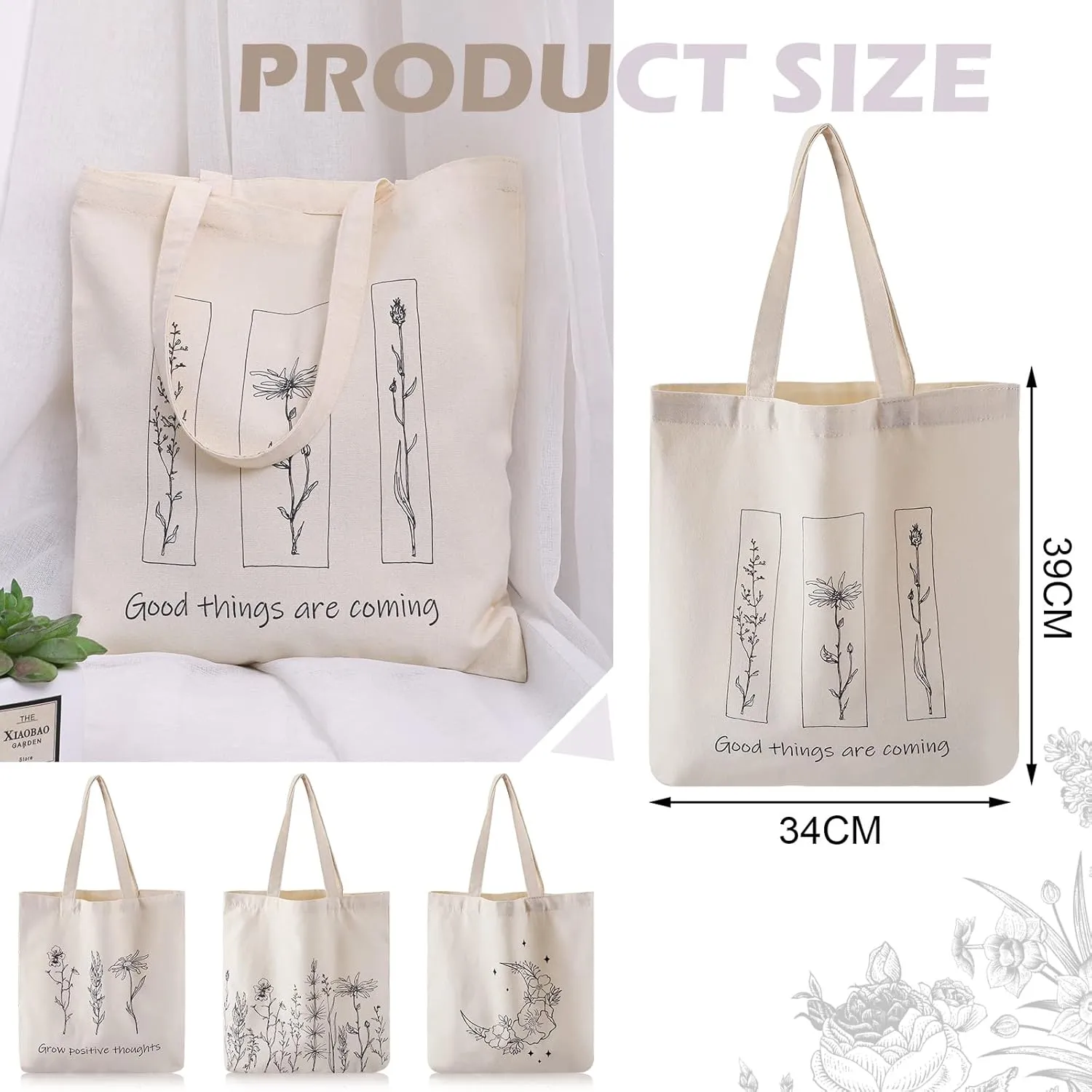 Reginary 4 Pcs Canvas Tote Bag for Women Canvas Shopping Totes Aesthetic Reusable Grocery Bags Gifts(Wildflower)