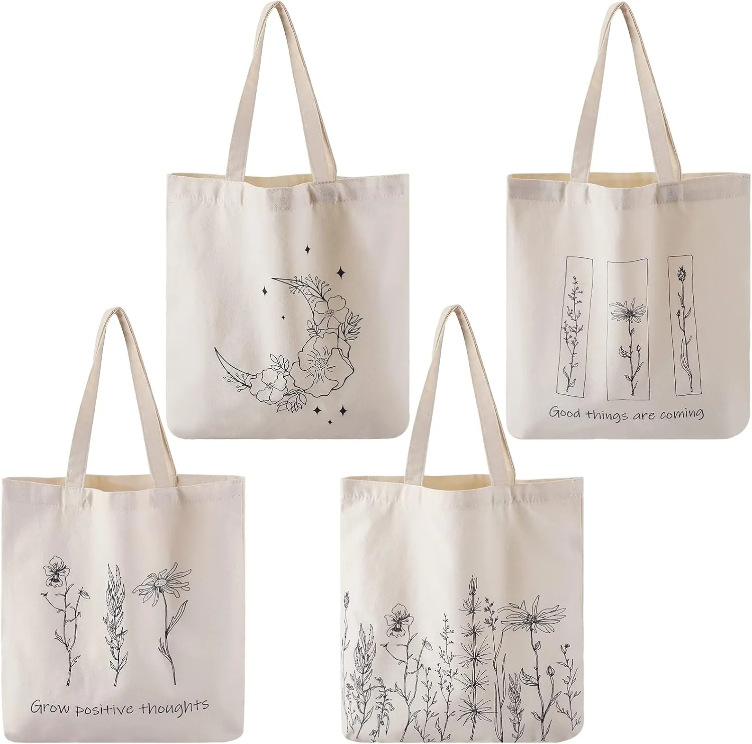 Reginary 4 Pcs Canvas Tote Bag for Women Canvas Shopping Totes Aesthetic Reusable Grocery Bags Gifts(Wildflower)